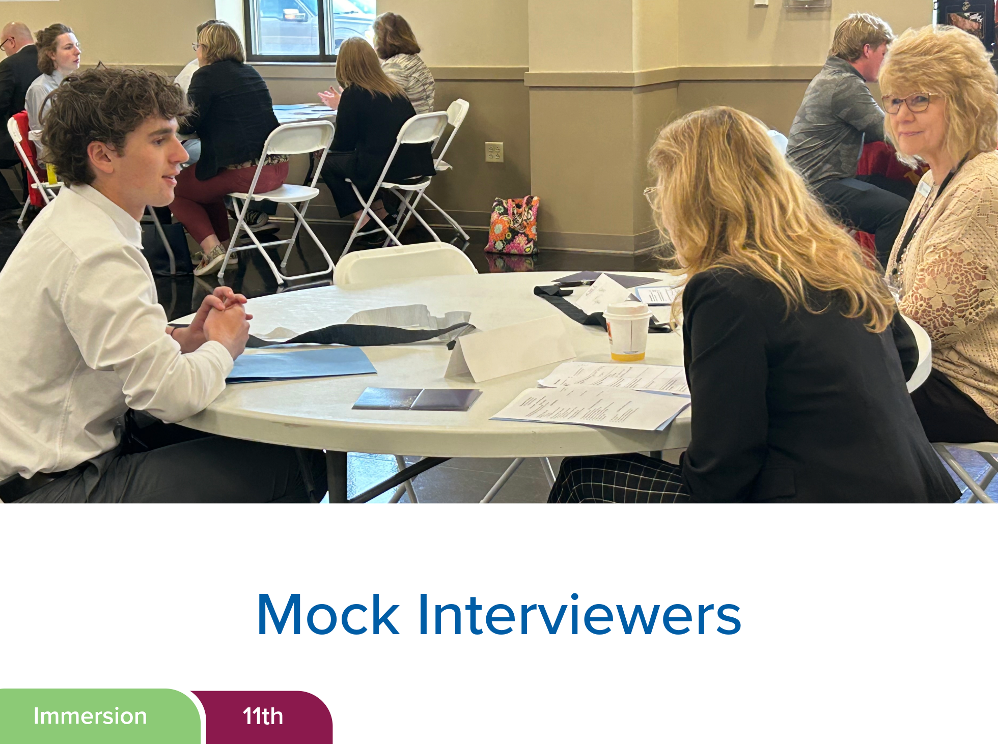 High school student participating in a mock interview session with two business professionals.