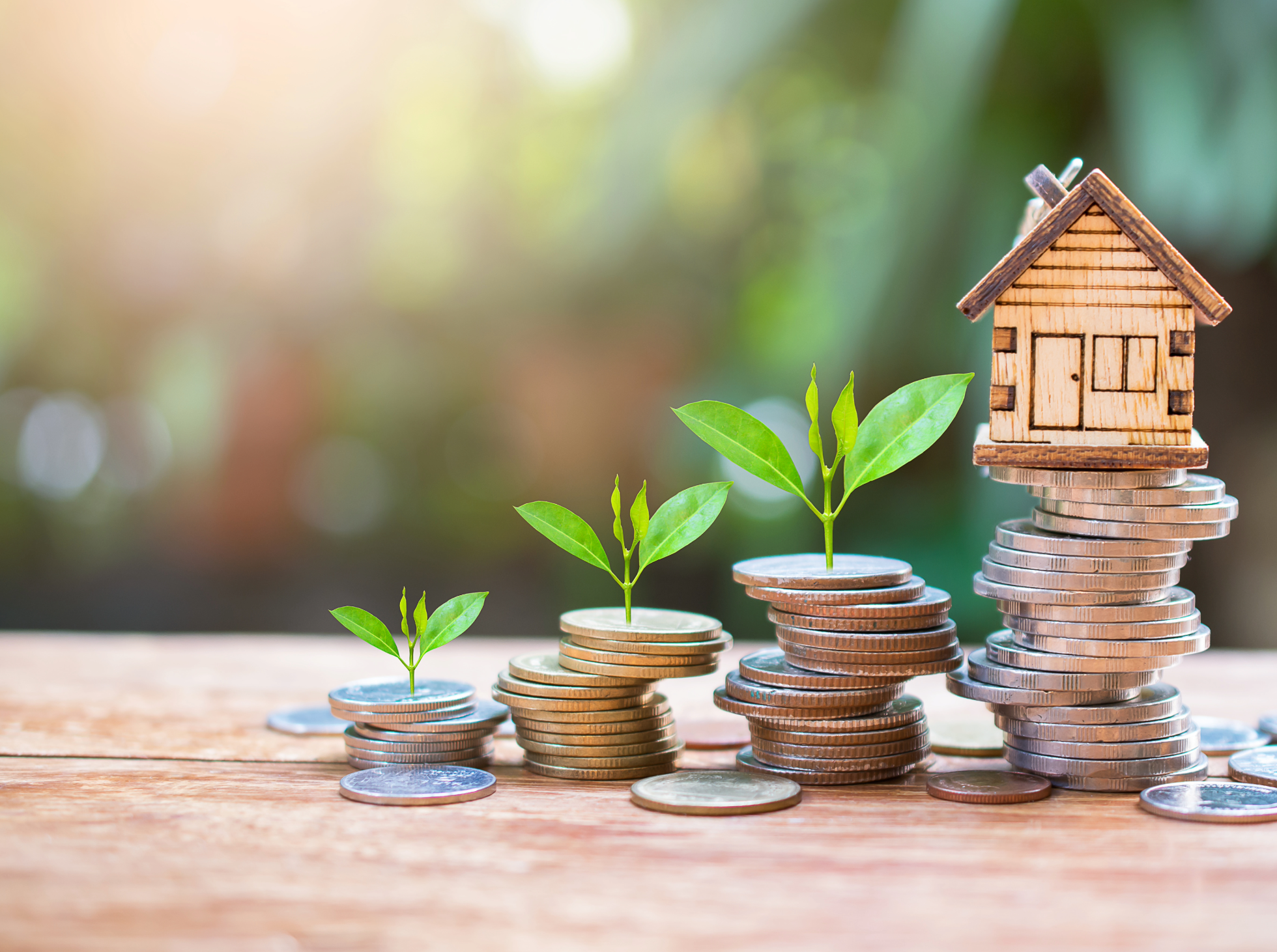 Small green plants sprouting from stacks of coins, with a small wooden house model on top of a stack of coins in the background, symbolizing growth and investment.