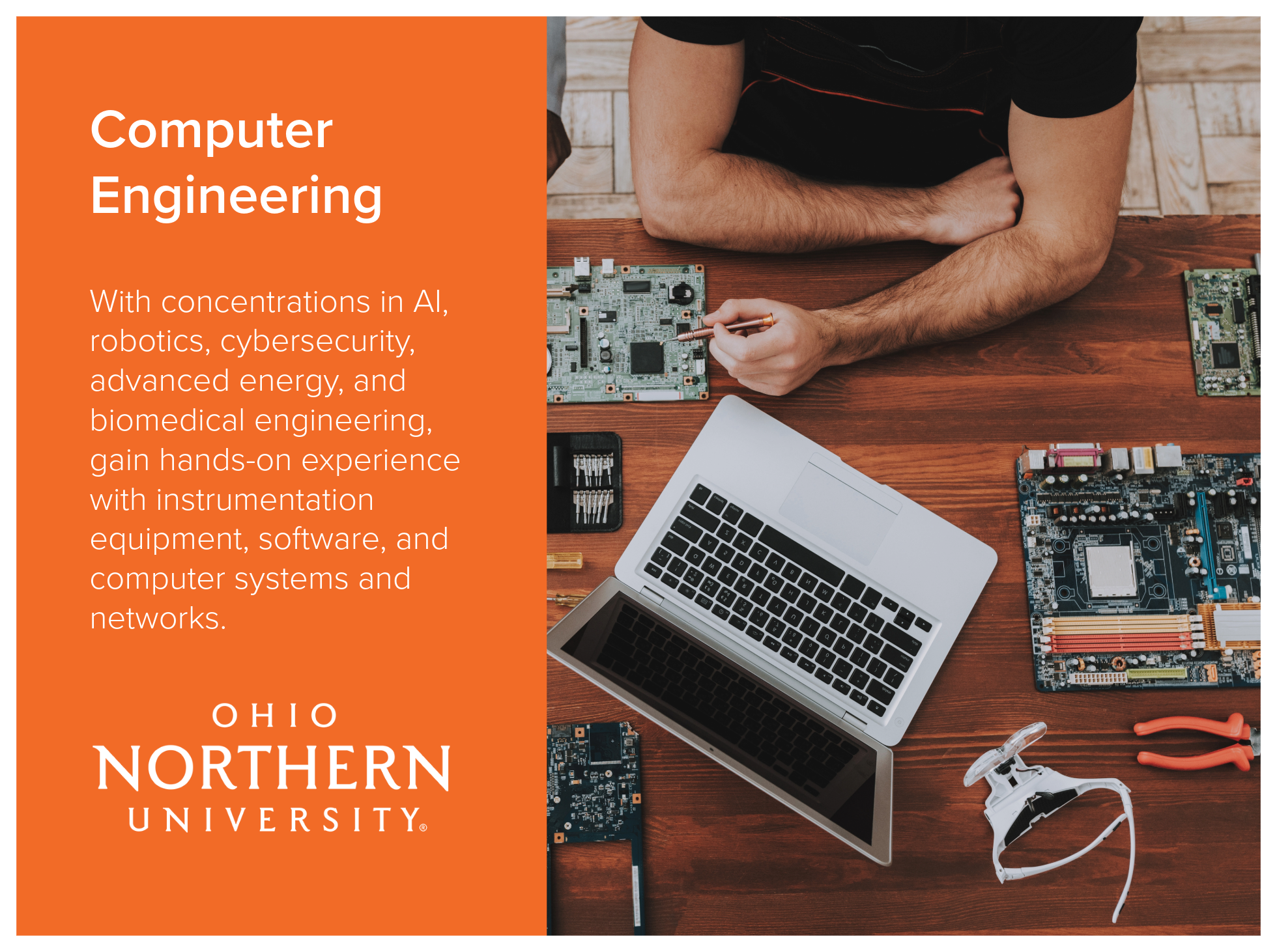 Computer Engineering program at Ohio Northern University with concentrations in AI, robotics, cybersecurity, advanced energy, and biomedical engineering, gain hands-on experience with instrumentation equipment, software, and computer systems and netw