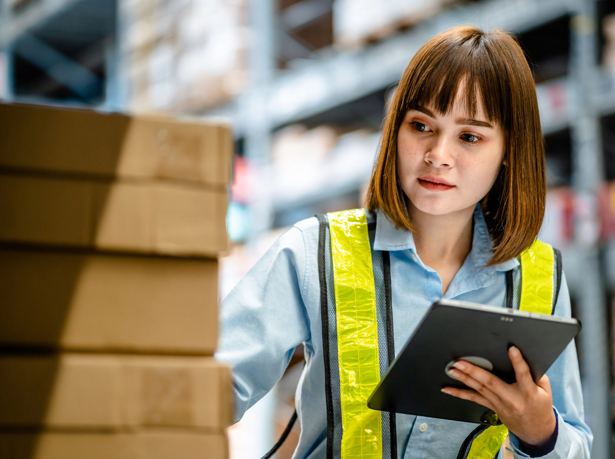 A woman holding a tablet surrounded by stacks of boxes and warehouse shelving.