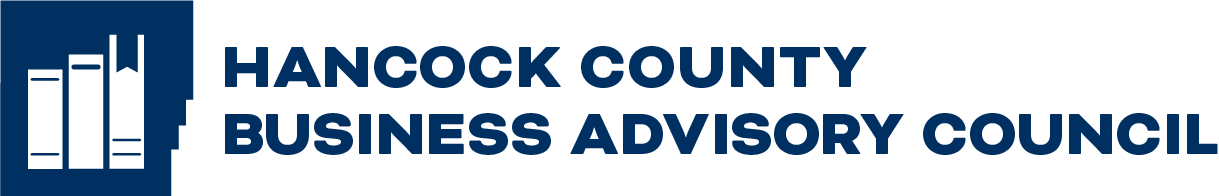Logo for Hancock County Business Advisory Council, featuring three vertical books or bars in blue.