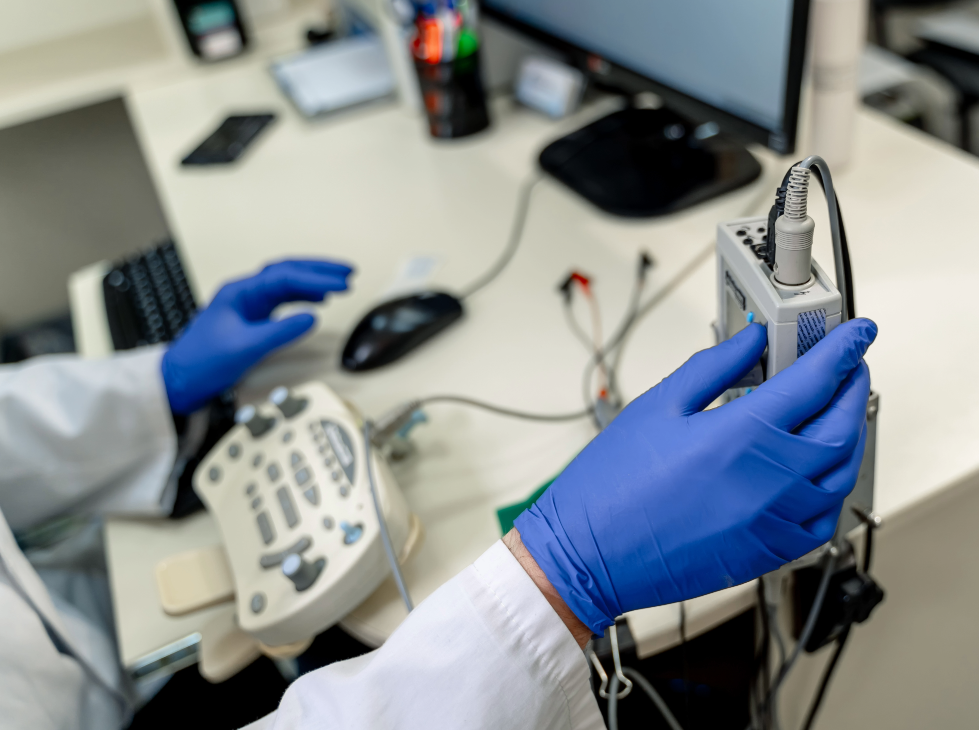 A scientist wearing blue gloves and a white lab coat is holding a piece of laboratory equipment with wires attached in a laboratory setting. There are various scientific instruments, a computer monitor, and a test tube in the background.