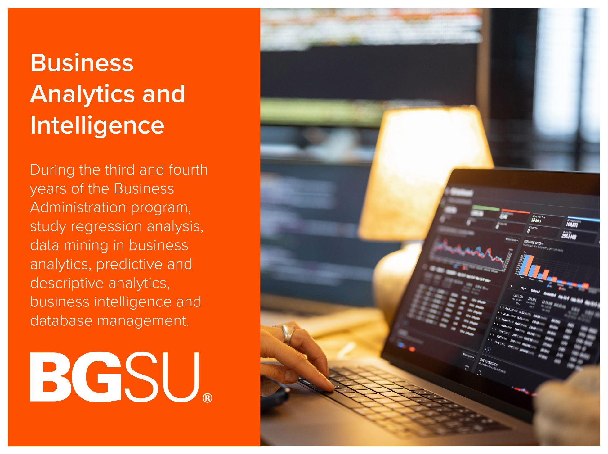 Business Analytics and Intelligence program at Bowling Green State University occurs during the third and fourth years of the Business Administration program, when students study regression analysis, data mining in business analytics, predictive and 
