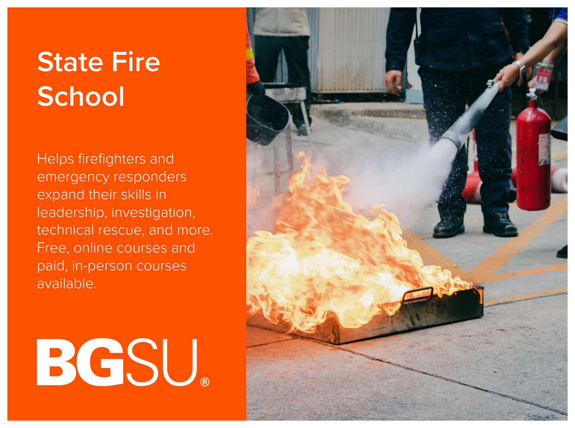 State Fire School at Bowling Green State University helps firefighters and emergency responders expand their skills in leadership, investigation, technical rescue, and more. Free, online courses and paid, in-person courses available. Image of firefig
