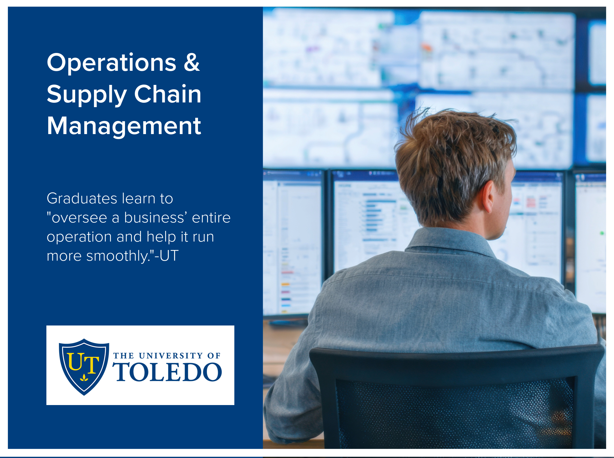 Operations and Supply Chain Management program at the University of Toledo is for graduates to learn to "oversee a business’ entire operation and help it run more smoothly." Image featuring a person working on multiple computer monitors displaying fi