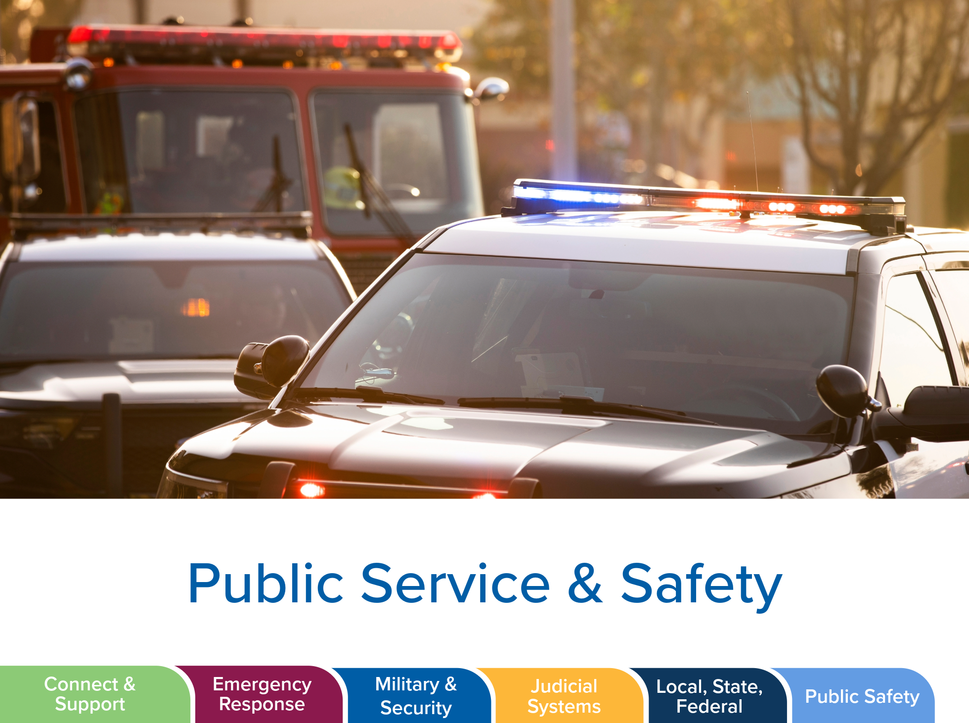 Fire truck and police cars with flashing lights. Bottom of image lists careers within the cluster.
