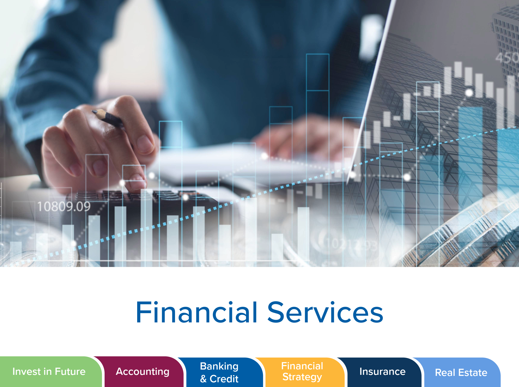 Person calculating financial information and currency. Jobs listed within the career cluster at bottom.