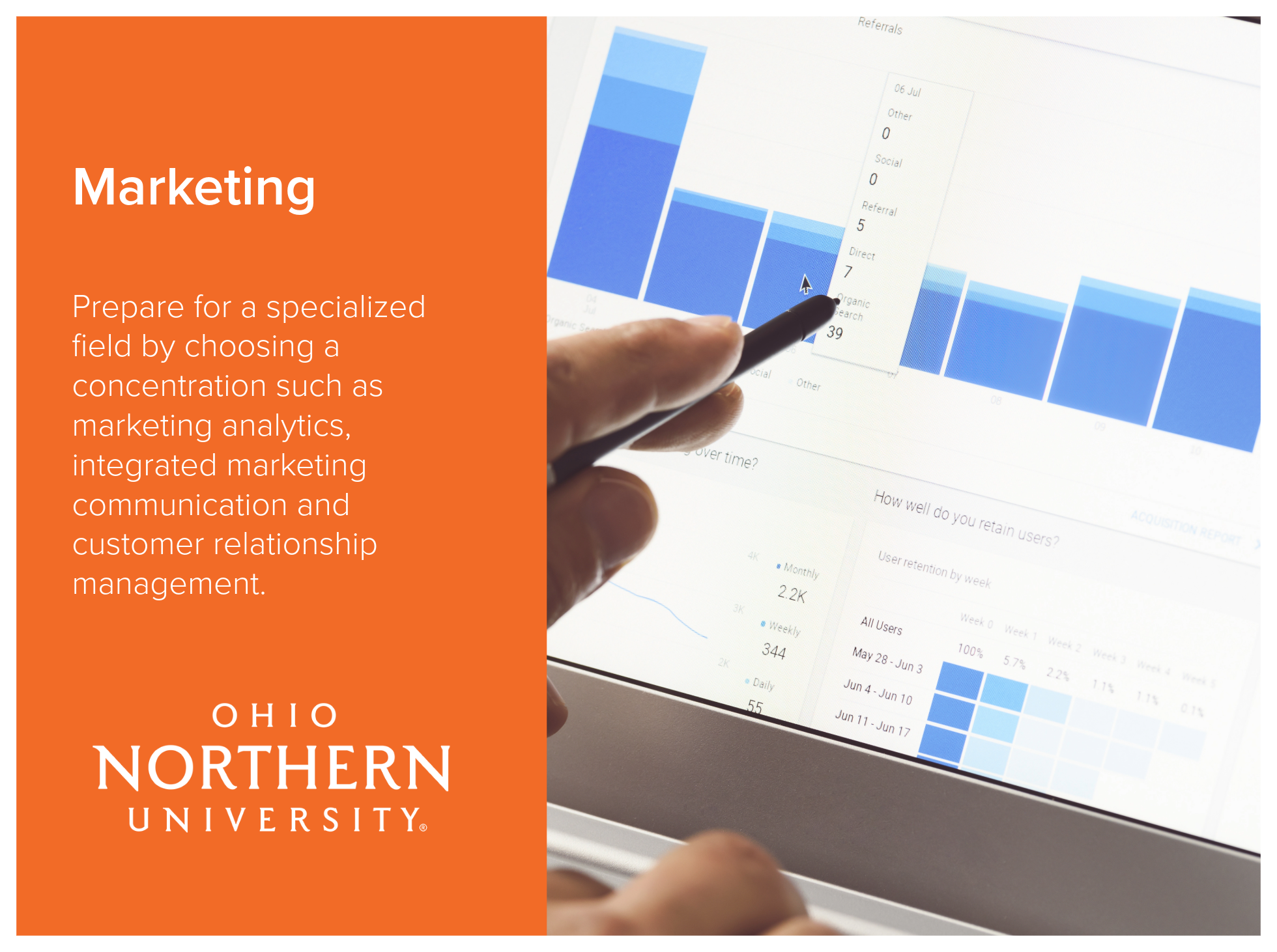 Marketing program at Ohio Northern University prepares graduates for a specialized field by choosing a concentration such as marketing analytics, integrated marketing communication and customer relationship management. Image of data charts on electro
