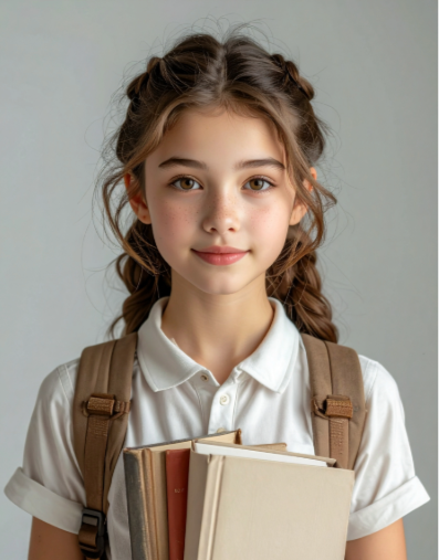 Young girl with braided hair holding books, wearing a white shirt and backpack.