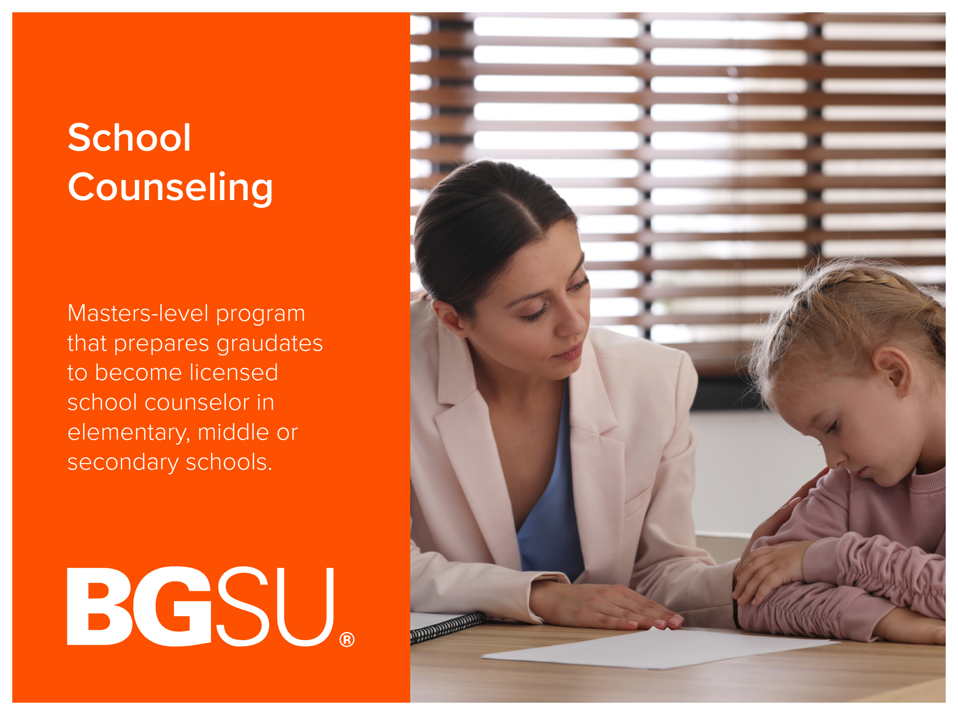 School Counseling program at Bowling Green State University is a Masters-level program that prepares graudates to become a licensed school counselor in elementary, middle or secondary schools. Image shows a female counselor sitting with a sad element