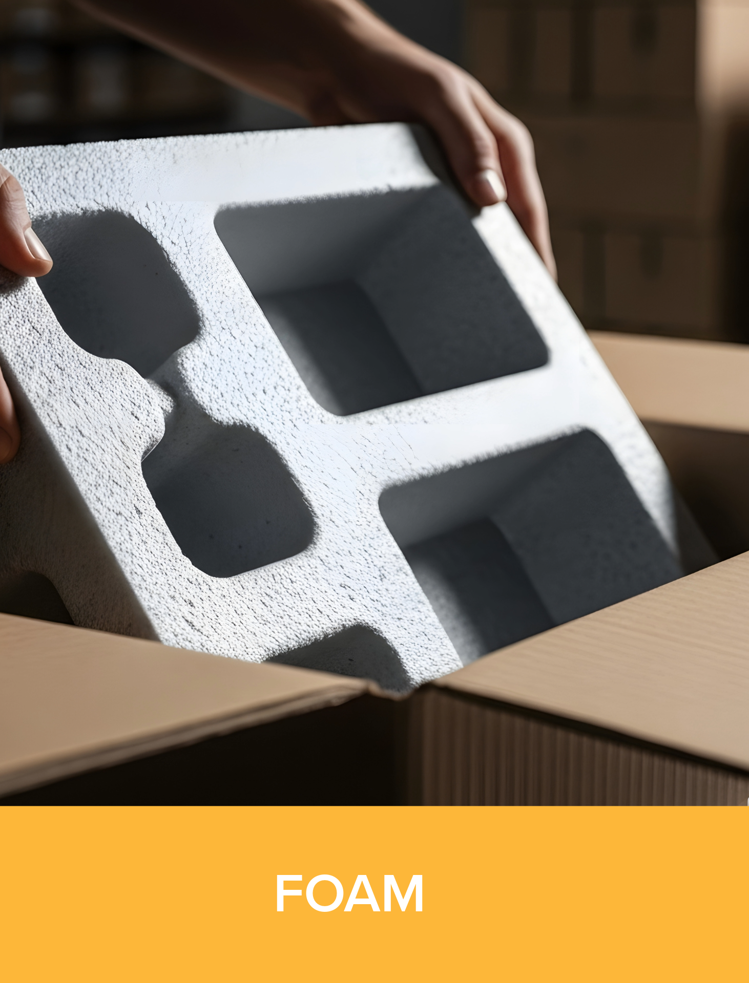 A person removing foam packaging from a rectangular foam block with cutouts.