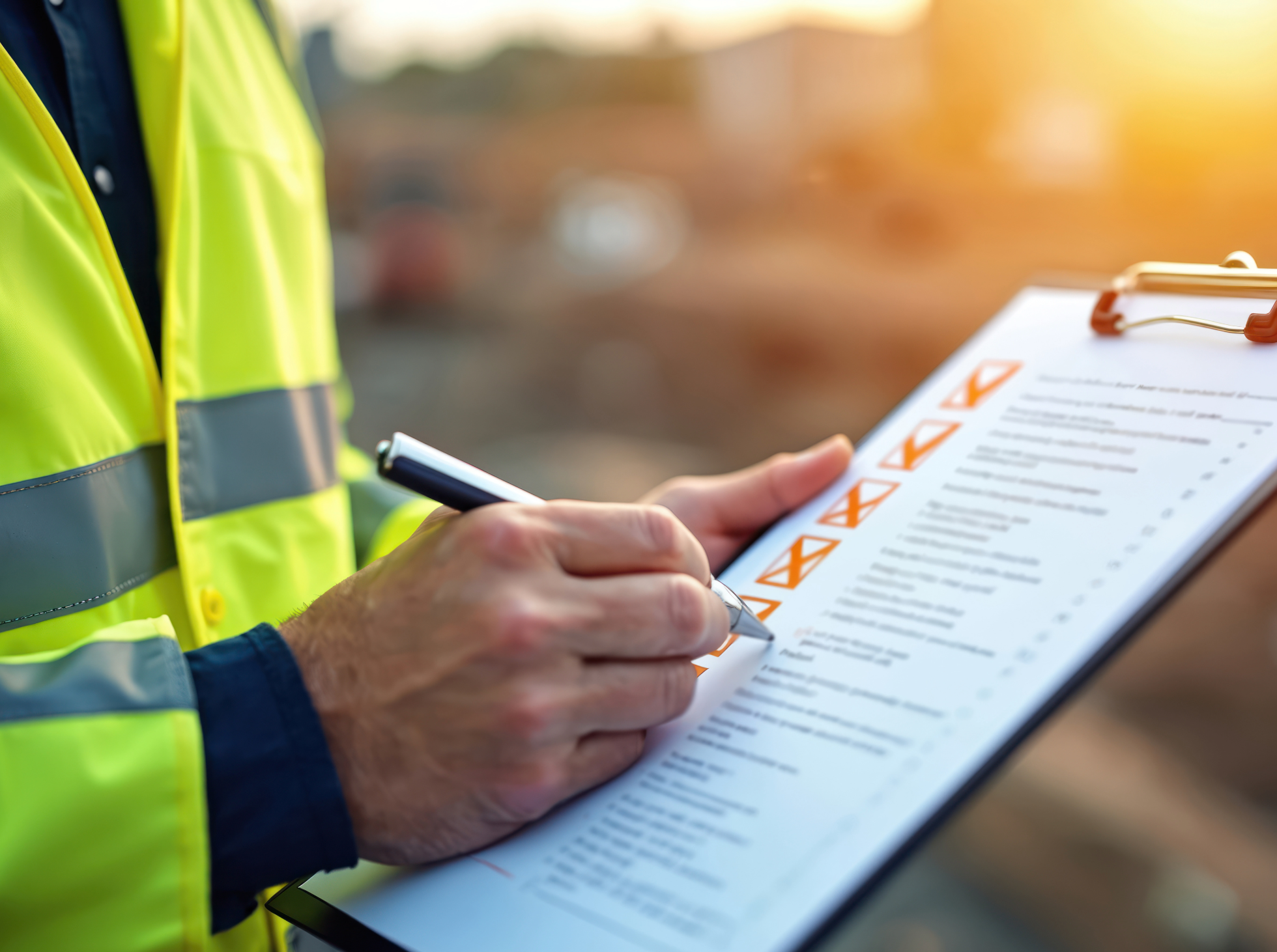 Close-up of a person wearing a yellow safety vest holding a clipboard with a checklist, while writing or reviewing the list.