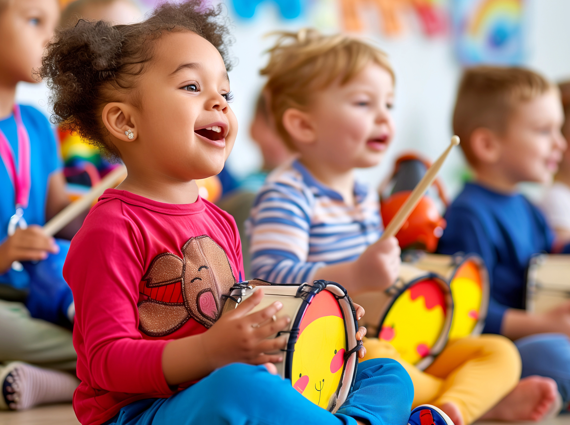 Children sitting on the floor in a classroom, smiling and playing drums with colorful animal face designs on the drums.