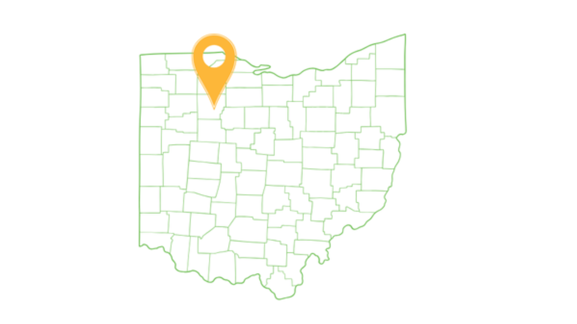 County-level map of Ohio with a large orange location pin over Hancock County.