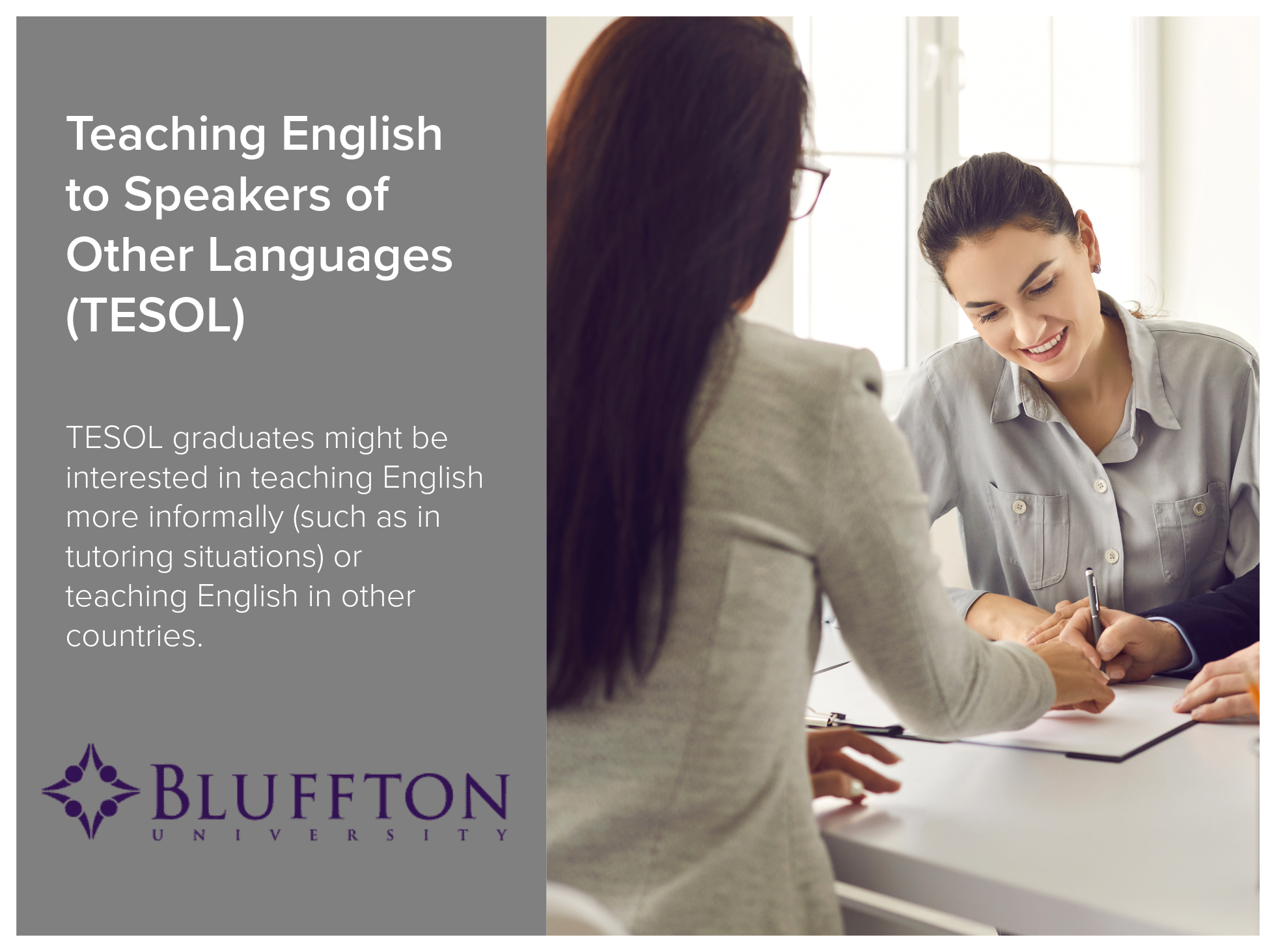 Teaching English to Speakers of Other Languages (TESOL) program at Bluffton University for graduates who might be interested in teaching English more informally (such as in tutoring situations) or teaching English in other countries. Image shows a fe