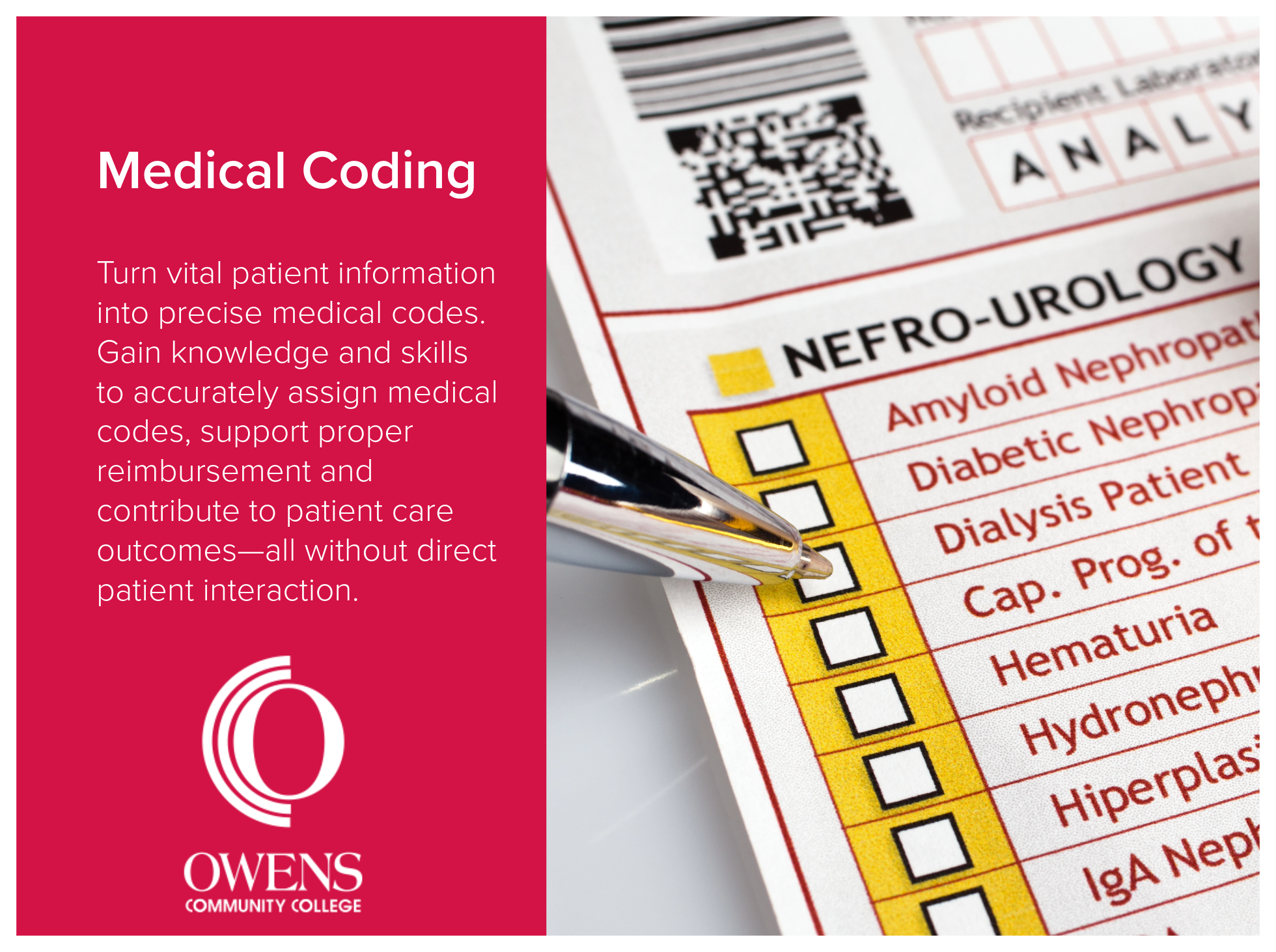 Medical Coding program at Owens Community College turns vital patient information into precise medical codes. Students gain knowledge and skills to accurately assign medical codes, support proper reimbursement and contribute to patient care outcomes—