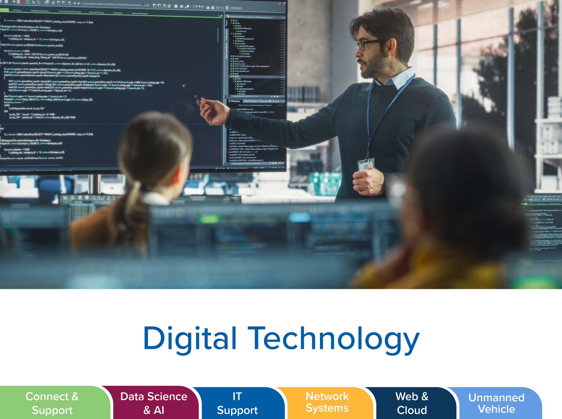 Man teaching students computer coding on large screen. Bottom of image lists jobs within the career cluster.