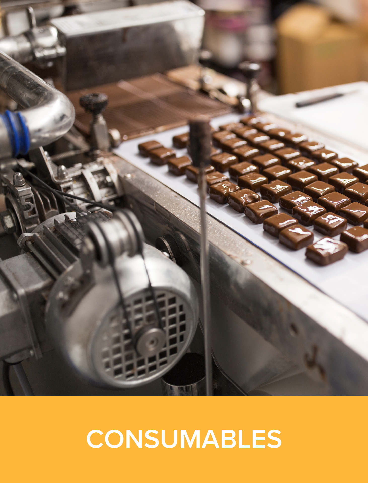 A conveyor belt machine producing chocolates in a factory.