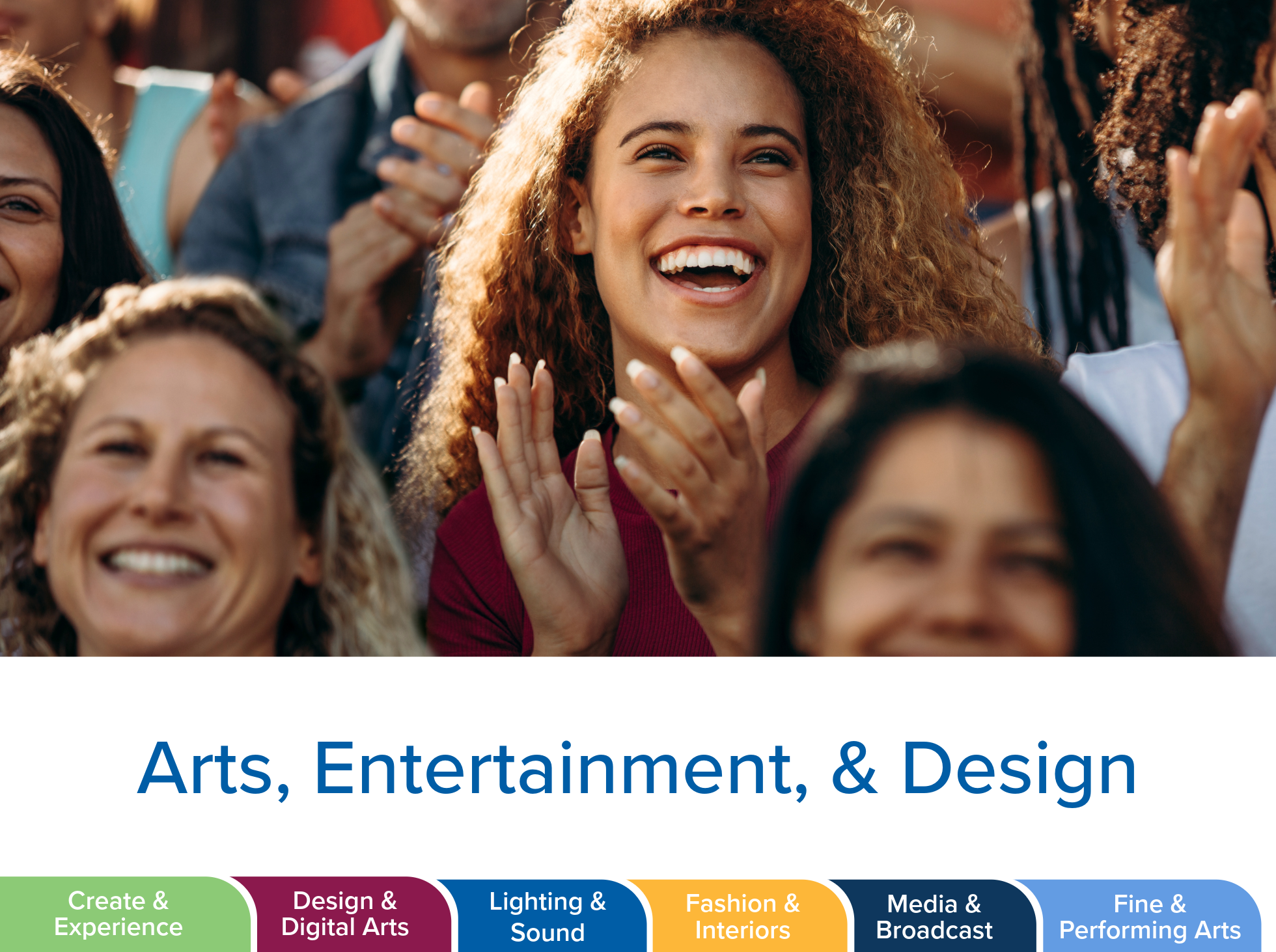 Crowd of happy event attendees. Bottom of image lists jobs within the cluster.