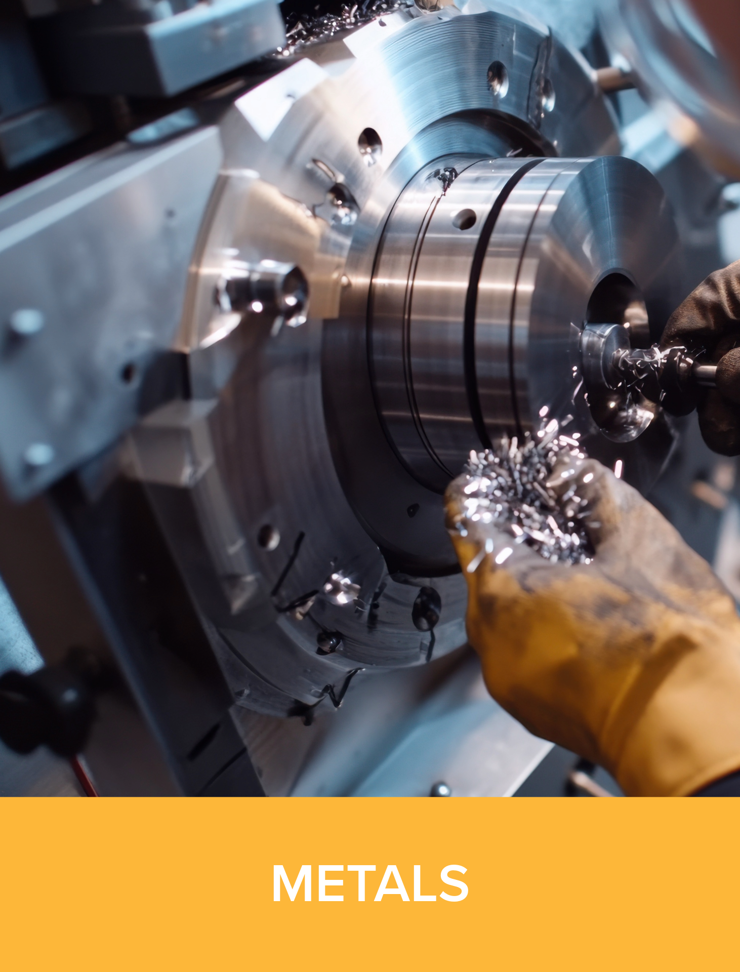Close-up of a metalworking process with a worker using a tool to shape or cut a metal piece. Sparks are flying from the contact point.