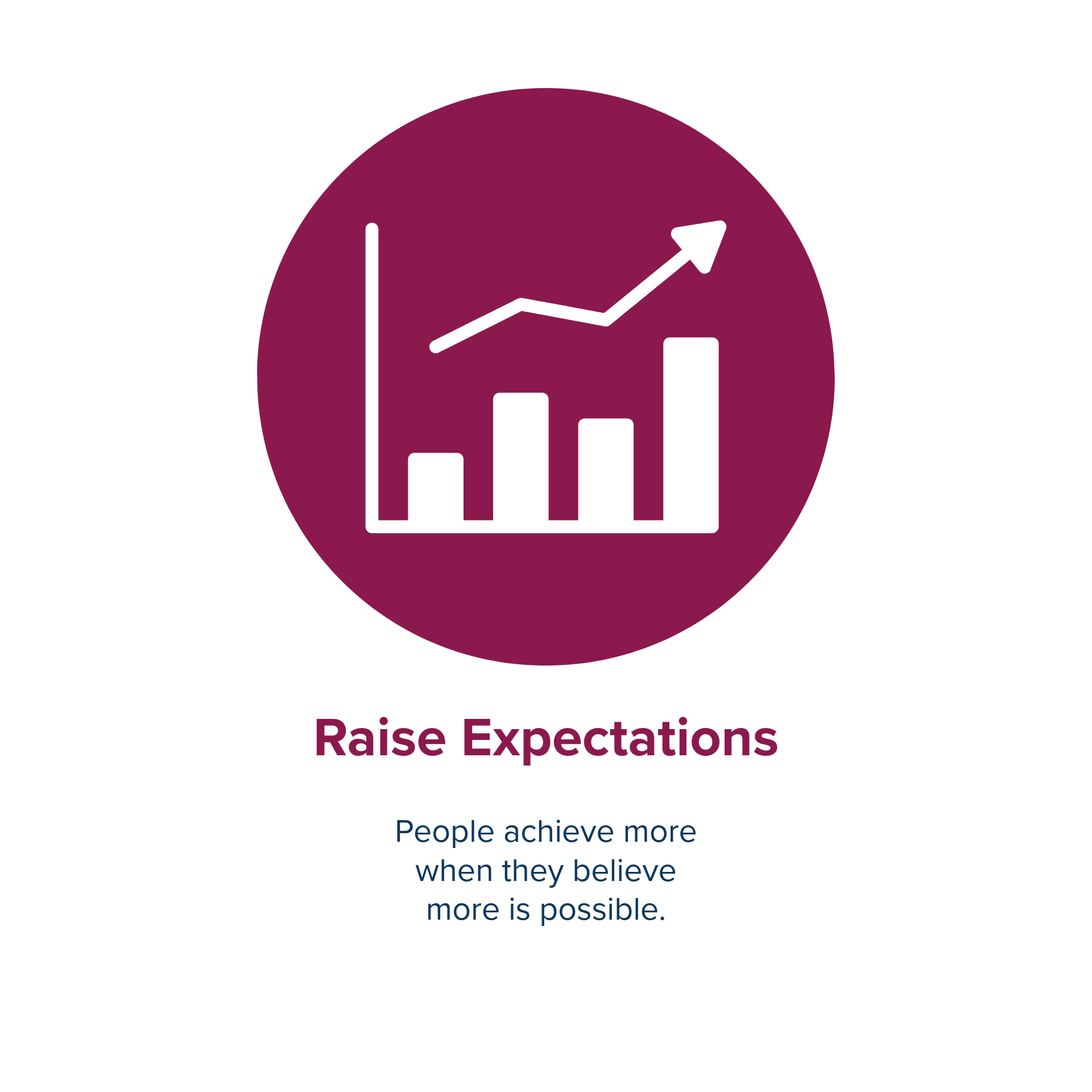 A logo with a maroon circle containing a bar chart and an upward arrow. Text reads 'Raise Expectations' and a subtitle states, 'People achieve more when they believe more is possible.'