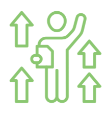Person raising hand surrounded by upward arrows.