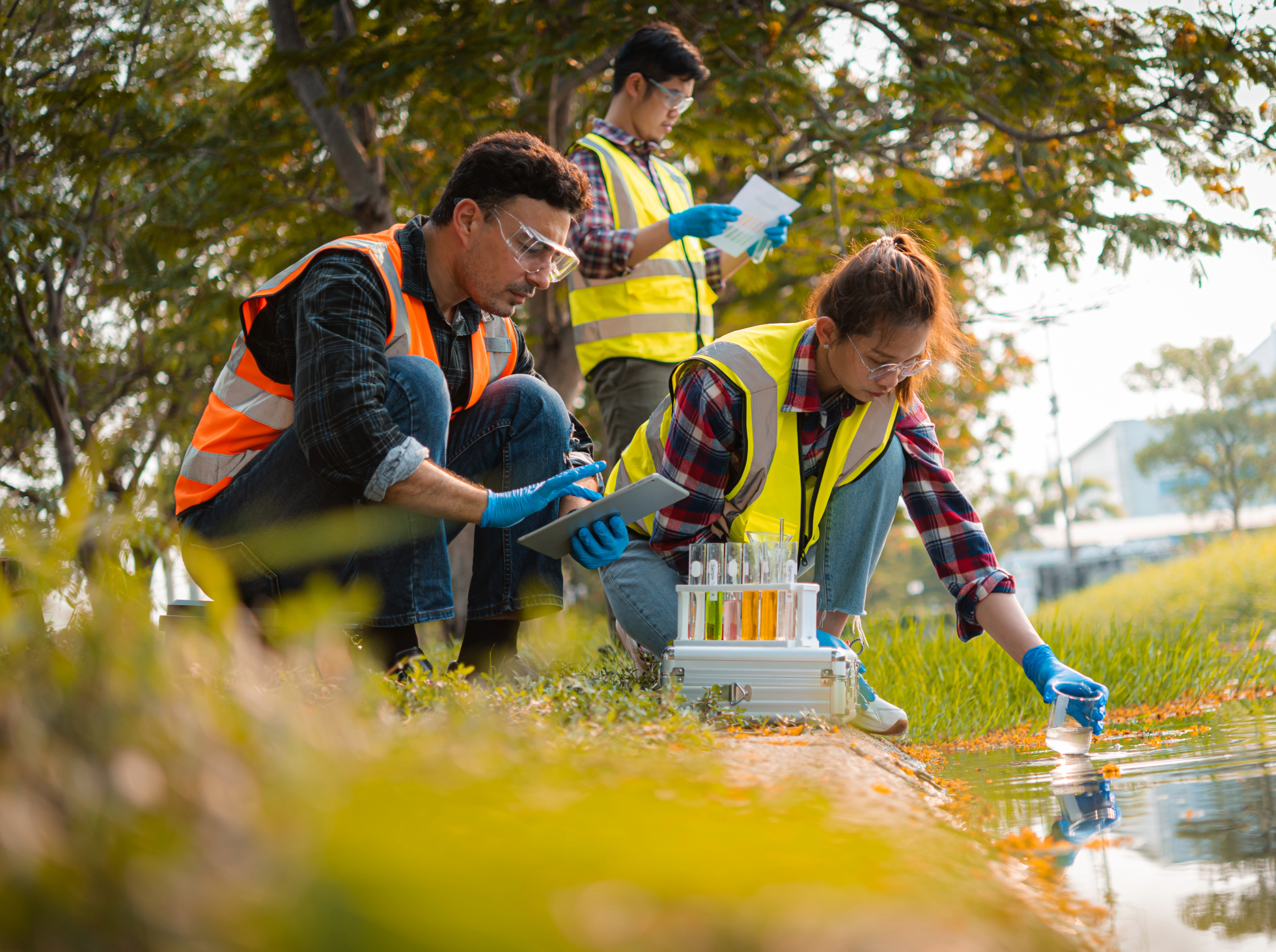 College students conducting an outdoor water quality test near a pond or lake.