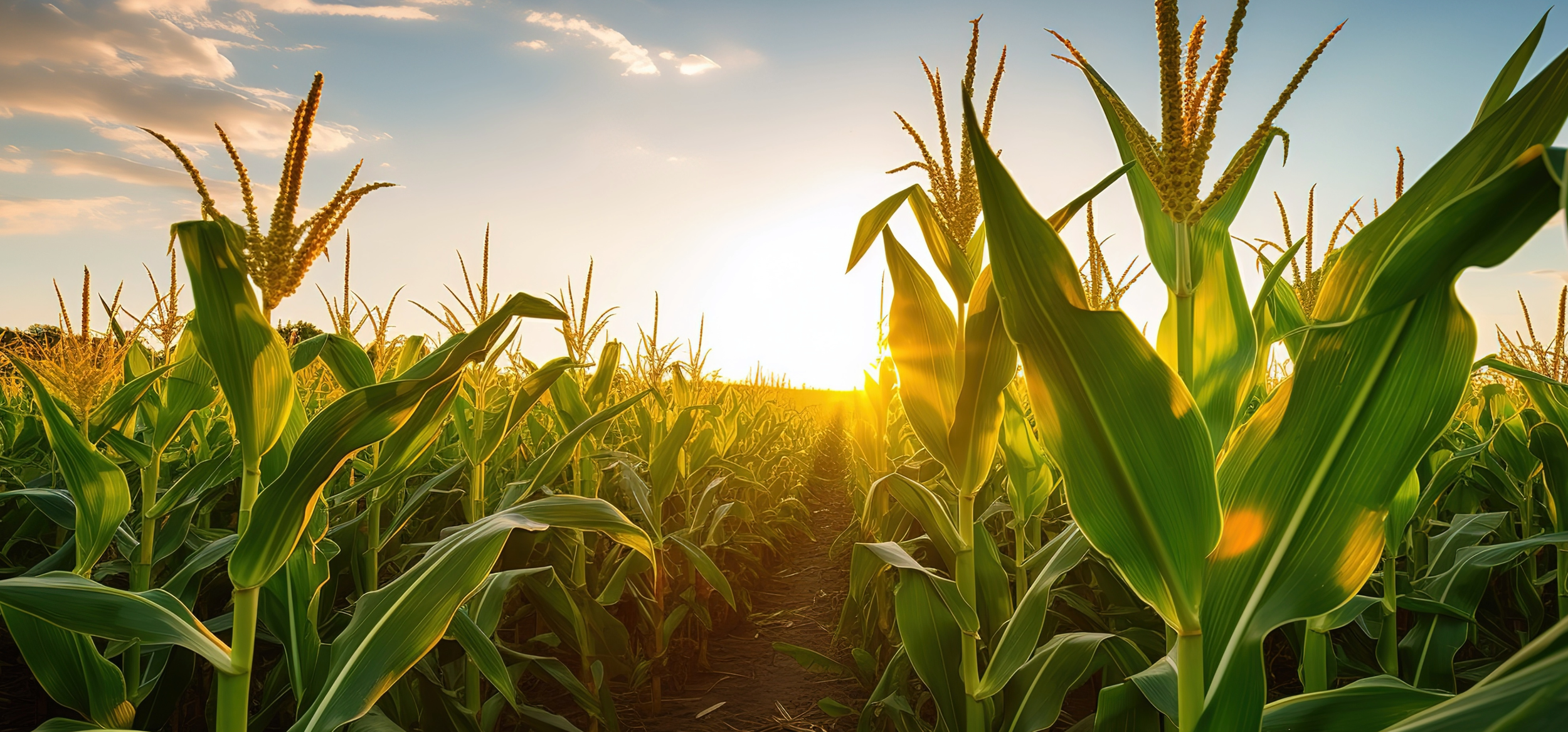 Sunset over a green cornfield with tall corn plants and a bright sky with scattered clouds.