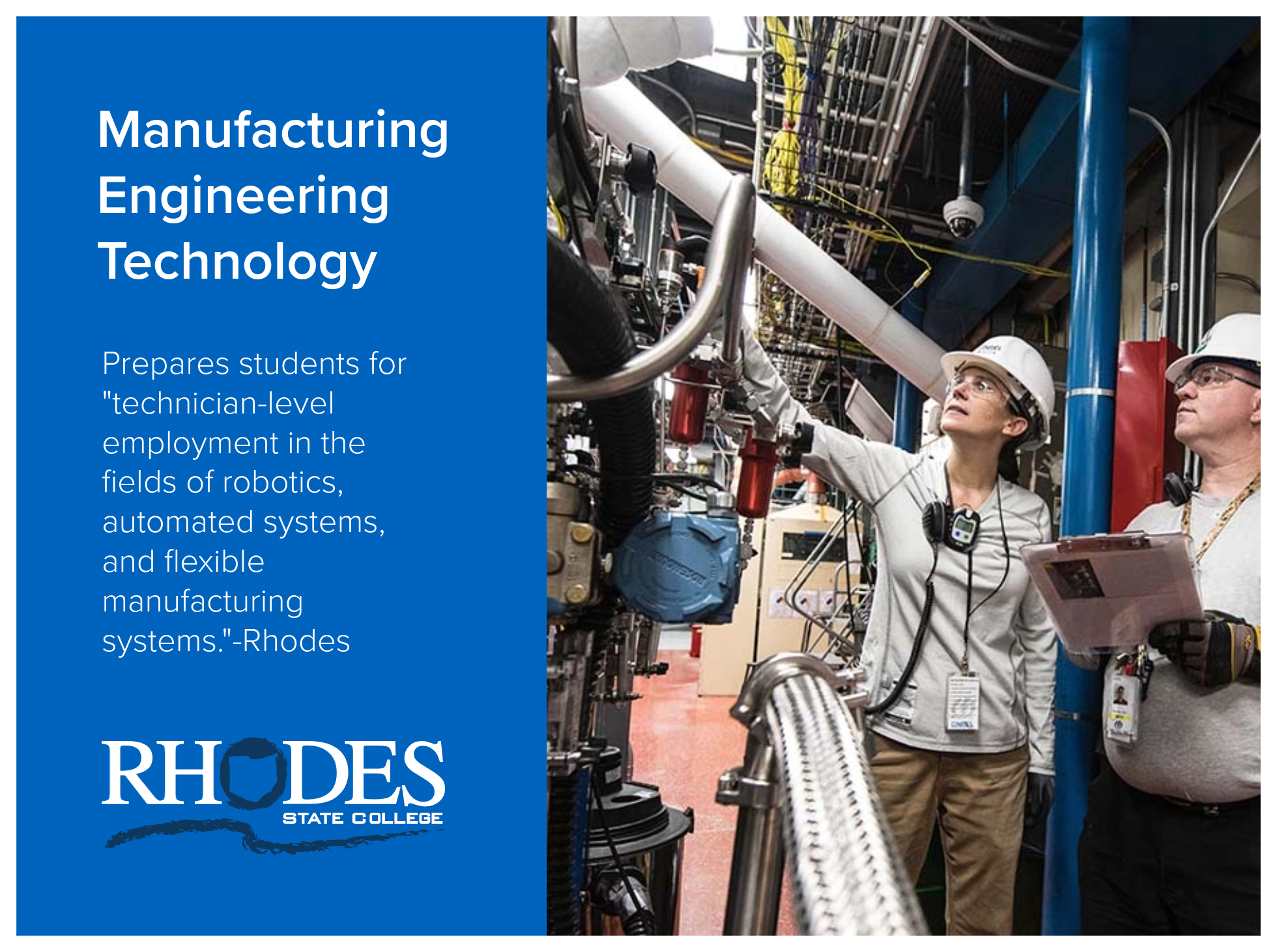 Manufacturing Engineering Technology program at Rhodes State College prepares students for "technician-level employment in the fields of robotics, automated systems, and flexible manufacturing systems." The right side shows an image of two people in 