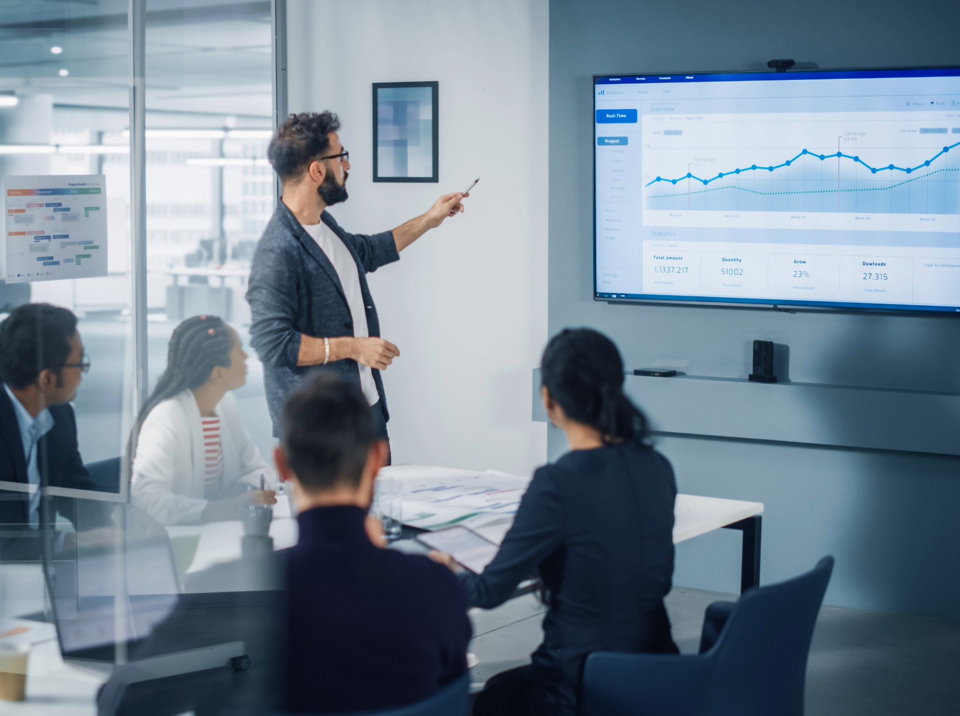 A man giving a presentation to a group of colleagues with a large screen displaying a line graph and data.