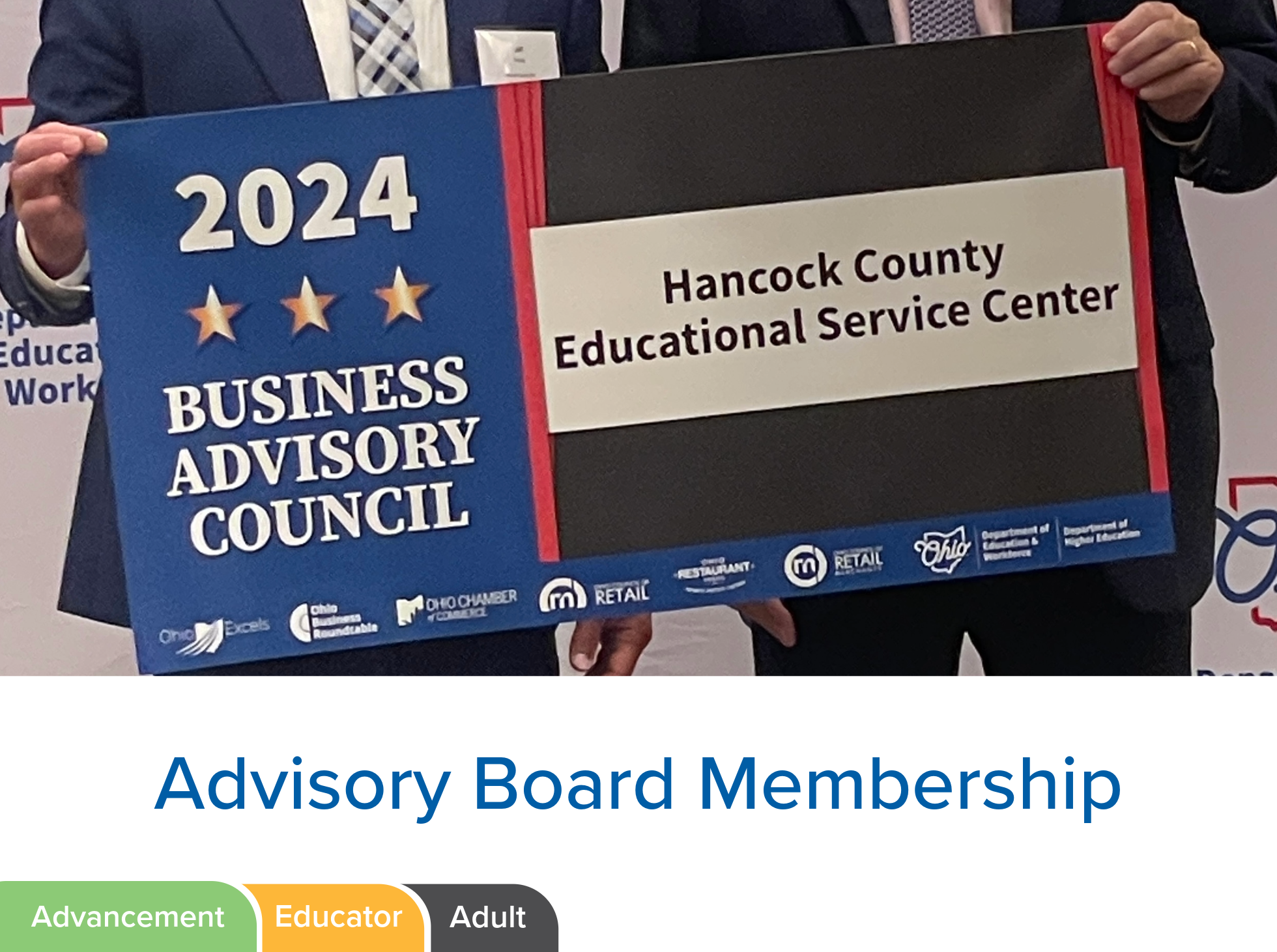 Sign with the text '2024 Business Advisory Council' and 'Hancock County Educational Service Center.'