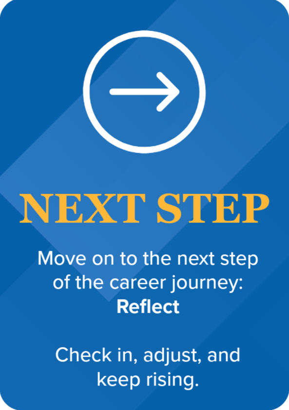 Next Step: Reflect. Move on the next step of the journey. Check in, adjust, and keep rising.