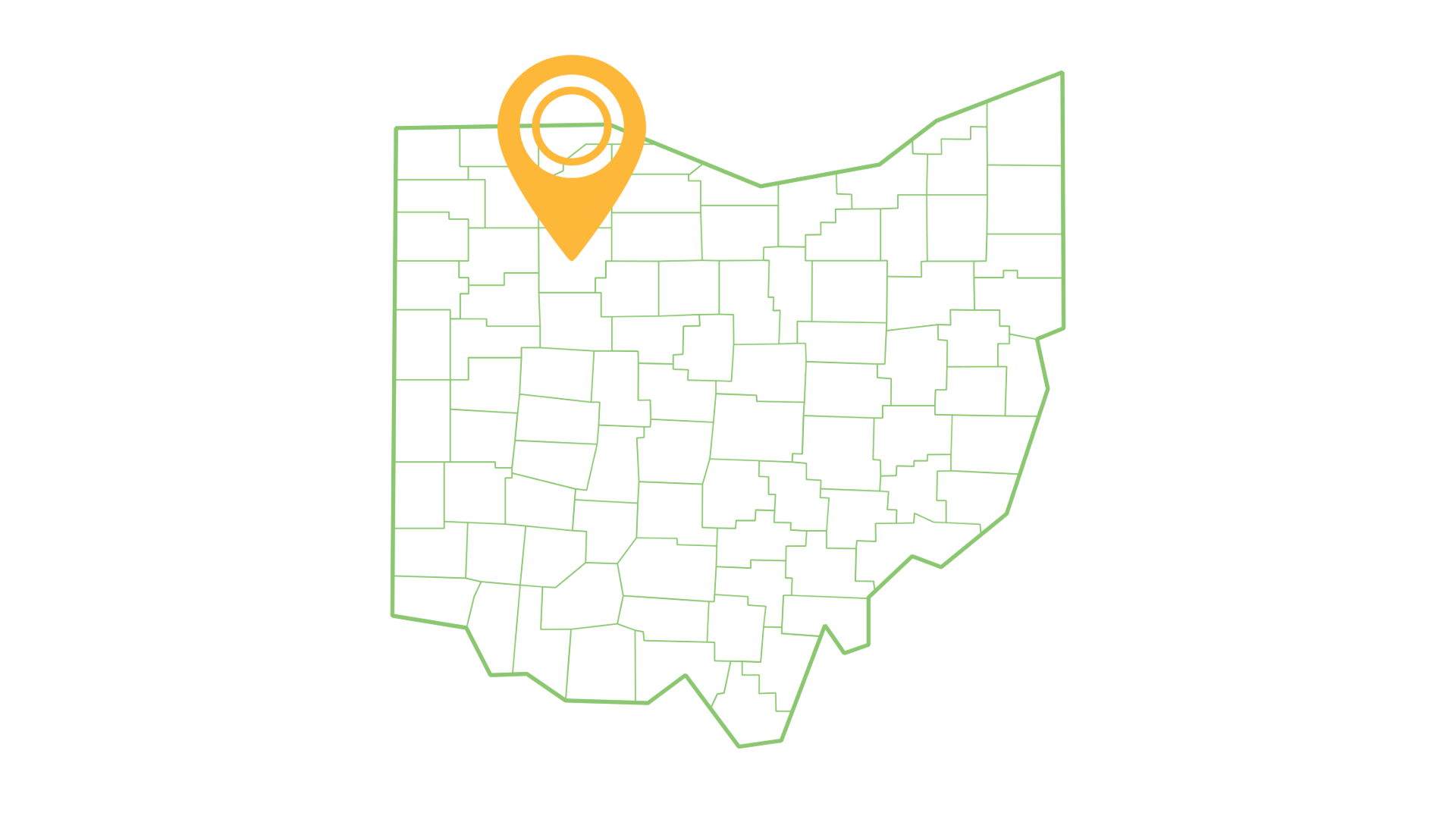 A county-level map of Ohio with a large orange location marker denoting Hancock County.