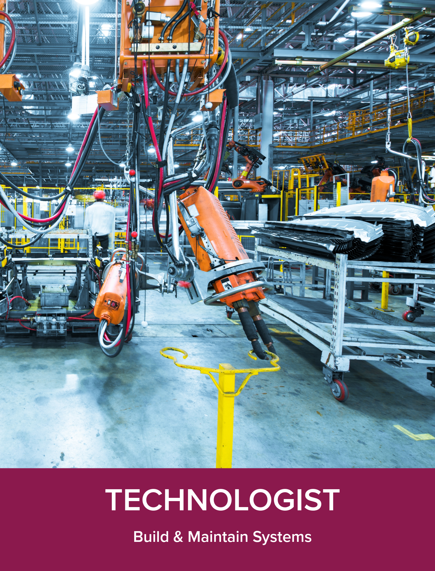 Inside a manufacturing or industrial facility with robotic machinery, wires, and equipment. The environment is bright and busy, with metal platforms and yellow safety barriers.