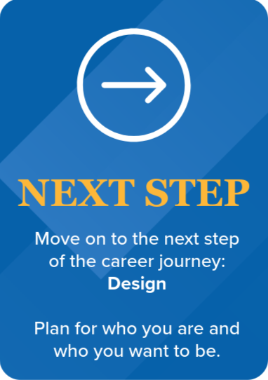 Instructions to move on to the next step of the career journey: Design, to plan for who you are and who you want to be.