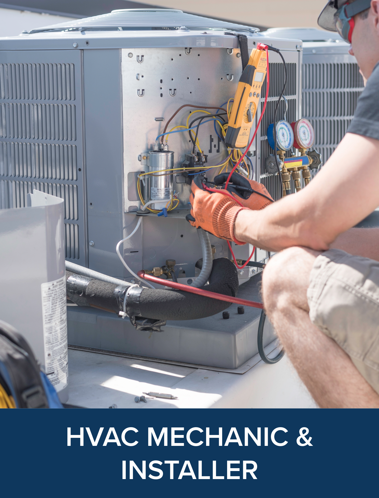 A HVAC mechanic working on an air conditioning unit, using a multimeter to diagnose electrical connections, wearing gloves and safety glasses.