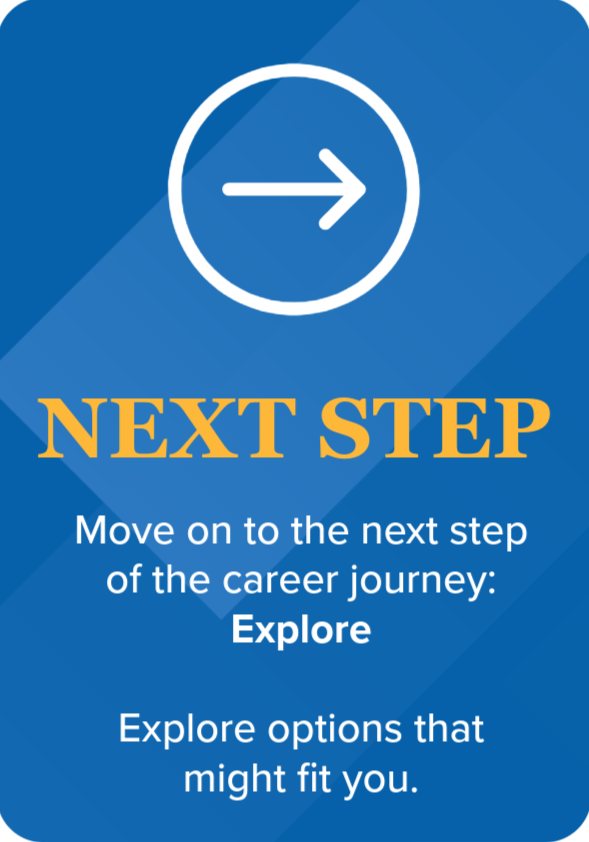 Blue career guidance sign with a white arrow pointing to the right, reading "Next Step" in bold yellow letters. Text below encourages exploring options for the next step in the career journey.