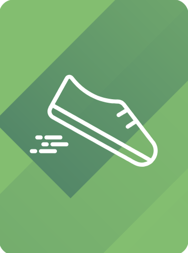 Simple line drawing of a running shoe on a green background.