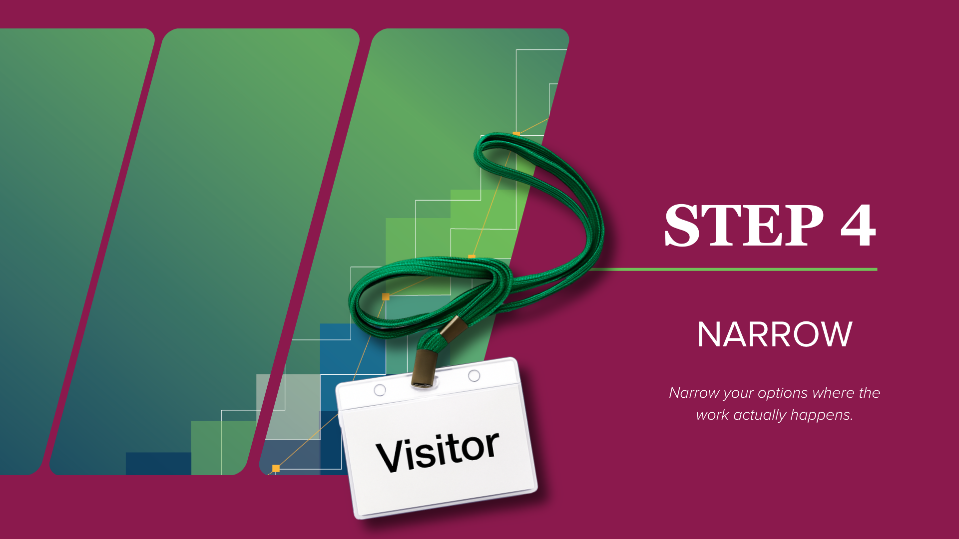 Visitor badge representing workplace visits, job shadowing, and career exploration. Step 4: Narrow - Narrow your options where the work actually happens.