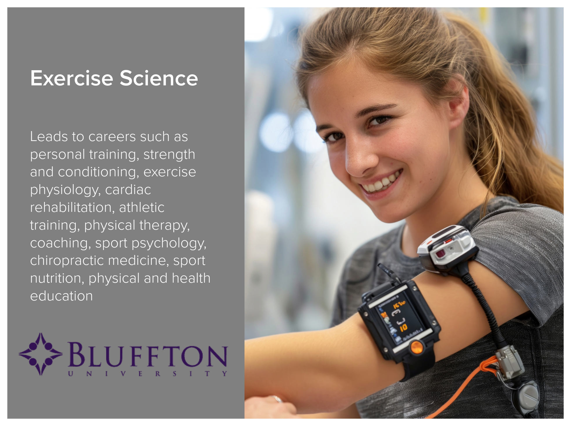 Exercise Science program at Bluffton University leads to careers such as personal training, strength and conditioning, exercise physiology, cardiac rehabilitation, athletic training, physical therapy, coaching, sport psychology, chiropractic medicine