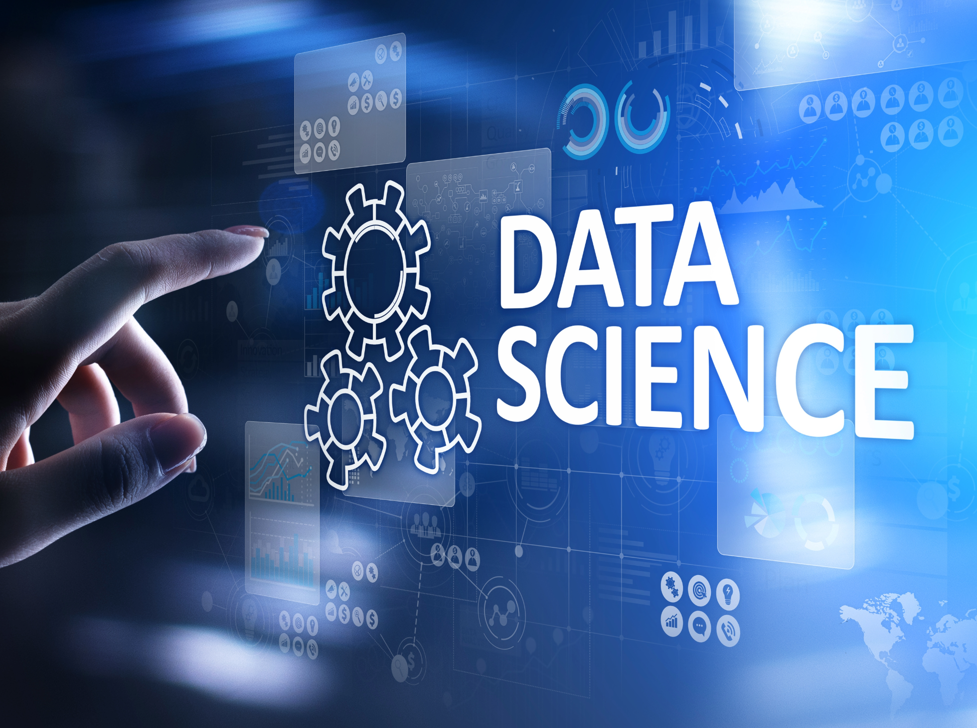 A digital illustration of the words 'Data Science' with icons and graphical data representations in a blue, futuristic style.