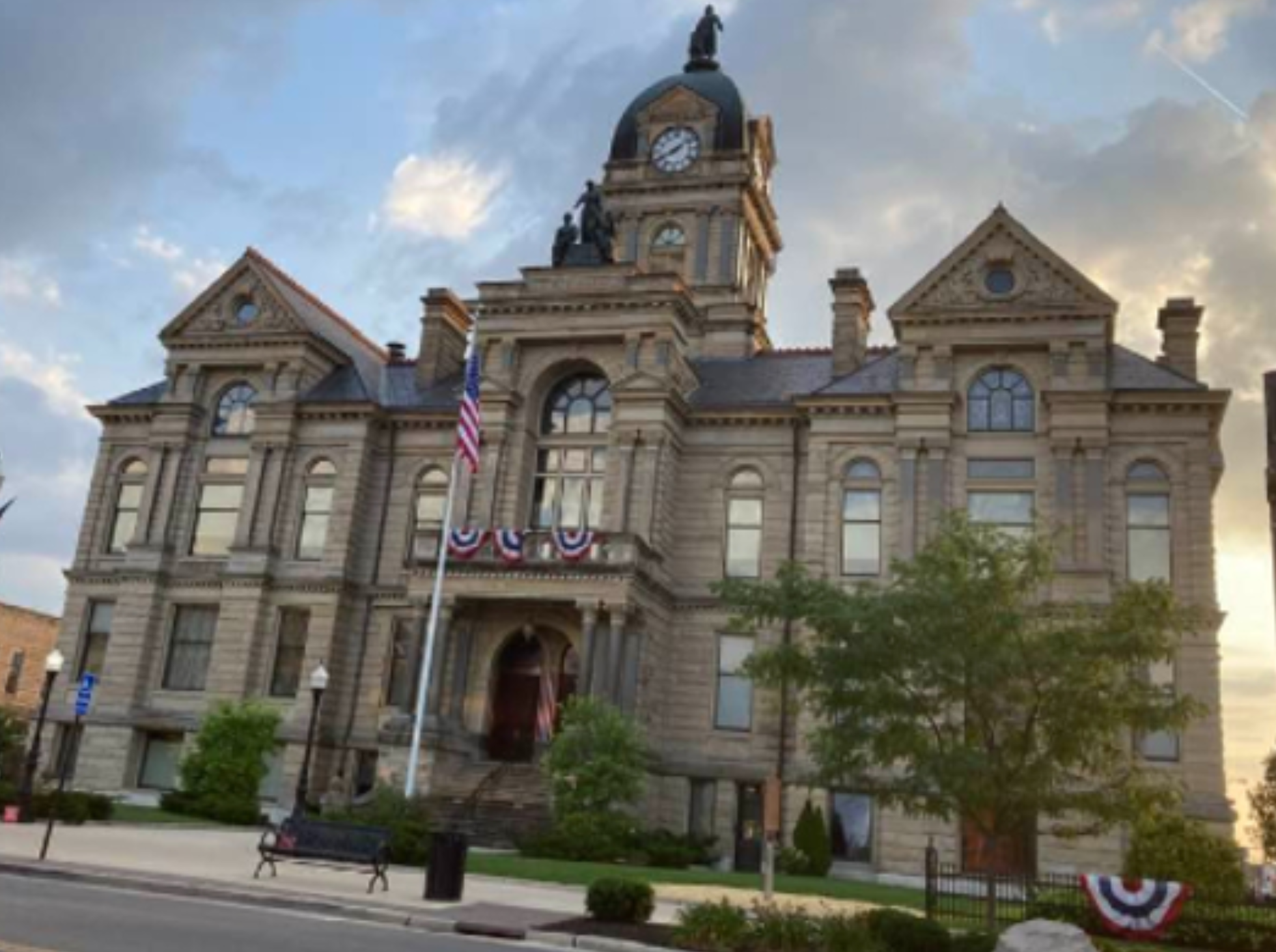 The historic Hancock County courthouse with a clock tower.