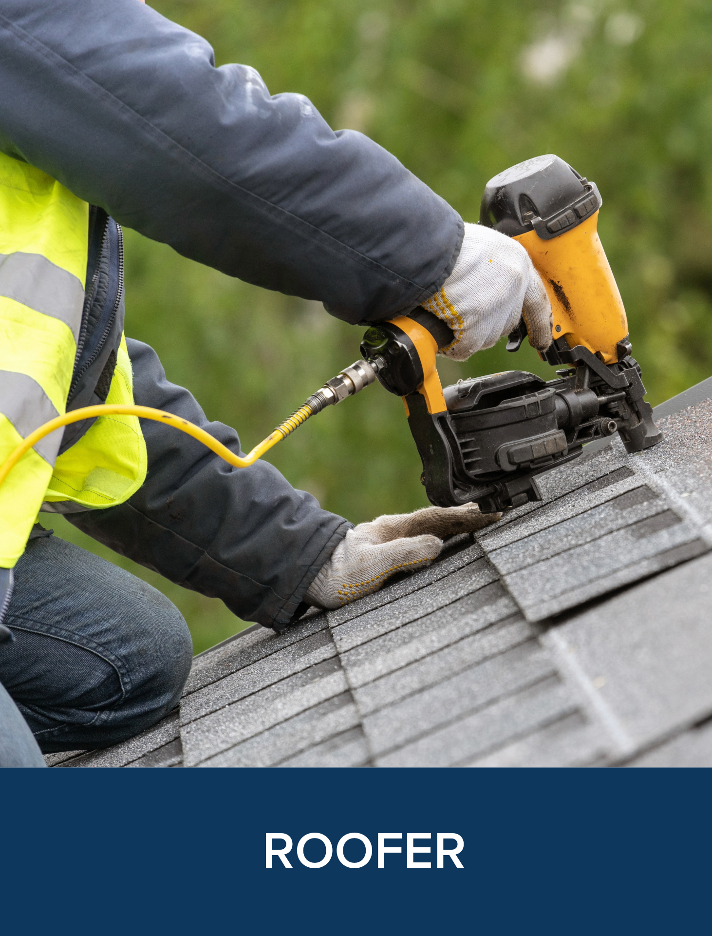 A person using a nail gun to attach shingles on a roof.