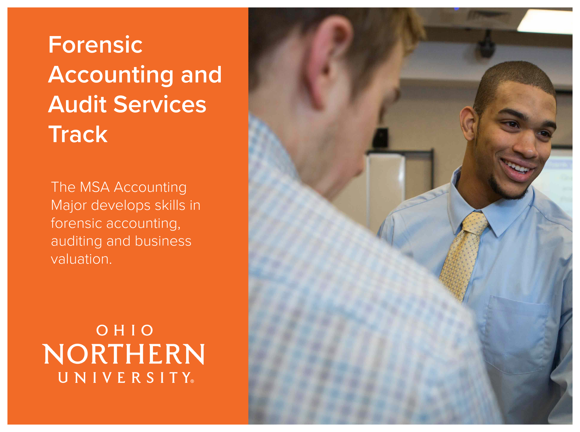 Forensic Accounting and Audit Services Track at Ohio Northern University develops skills in forensic accounting, auditing and business valuation. Image from Ohio Northern University of business students engaged in conversation in a classroom.