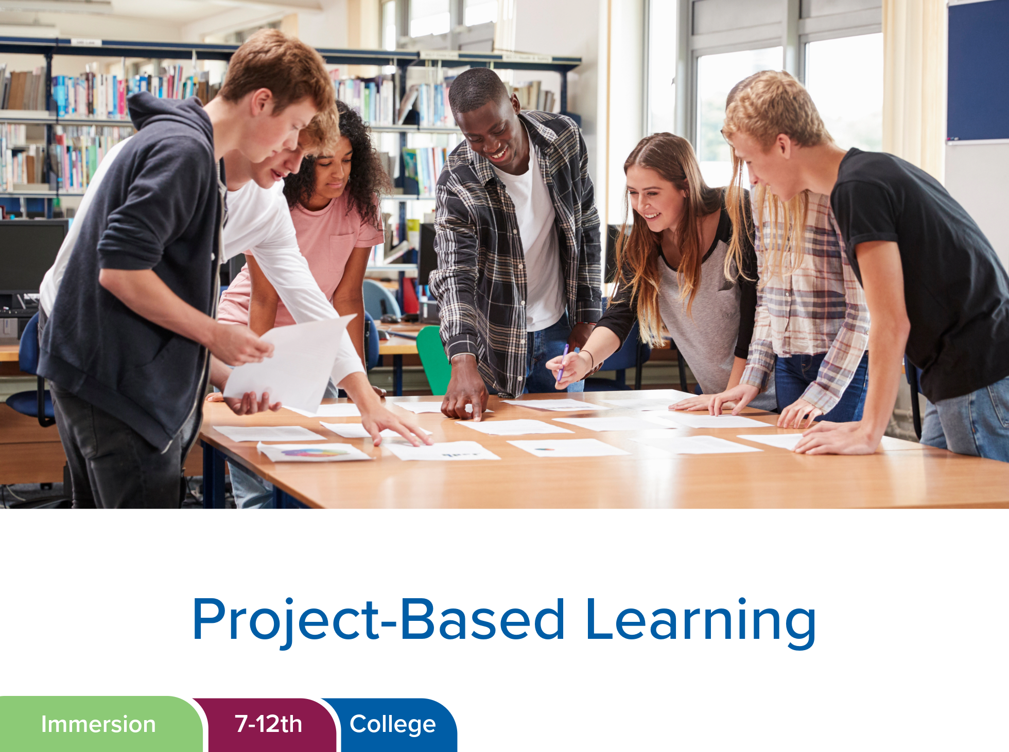 High school students collaborate on project in school library.