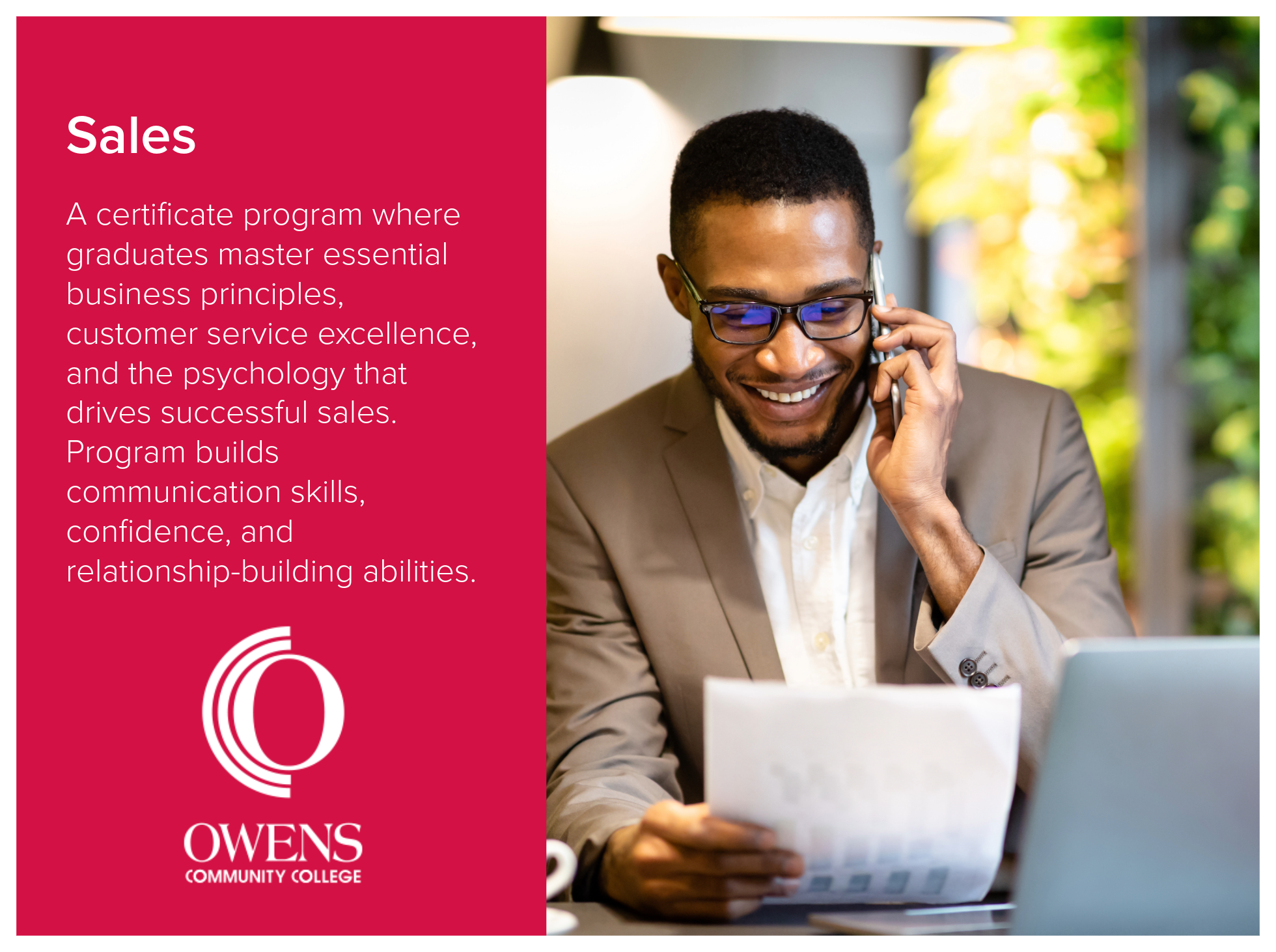 Sales certificate program at Owens Community College where graduates master essential business principles, customer service excellence, and the psychology that drives successful sales. Program builds communication skills, confidence, and relationship