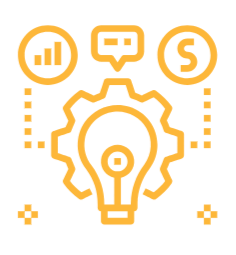 Lightbulb surrounded by icons of money, quotes, and bar chart