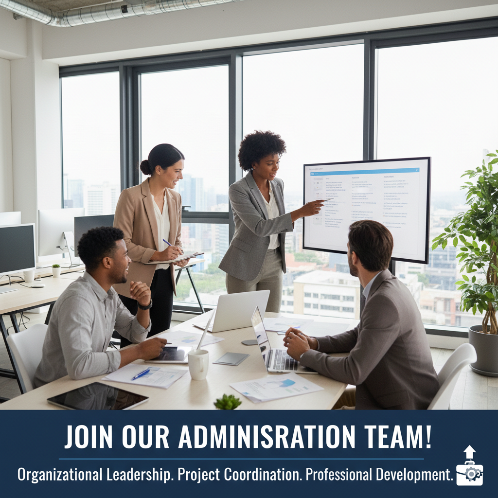 A diverse group of four professionals in an office, engaged in a meeting with one woman presenting data on a large screen, and three others listening. The office has large windows and city views.