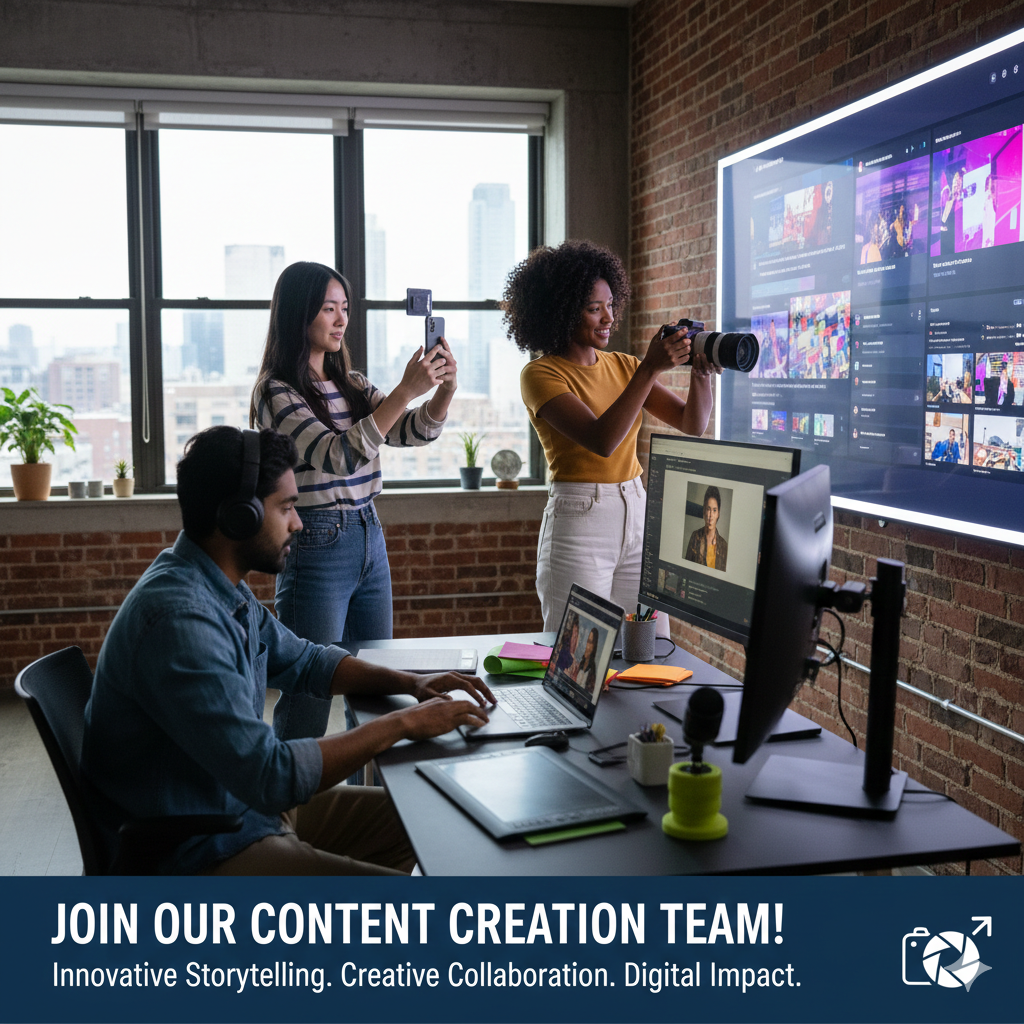 Three people working in a modern office with large windows, including a woman taking photos with a camera, a woman recording video with a phone, and a man working on a laptop at a desk.