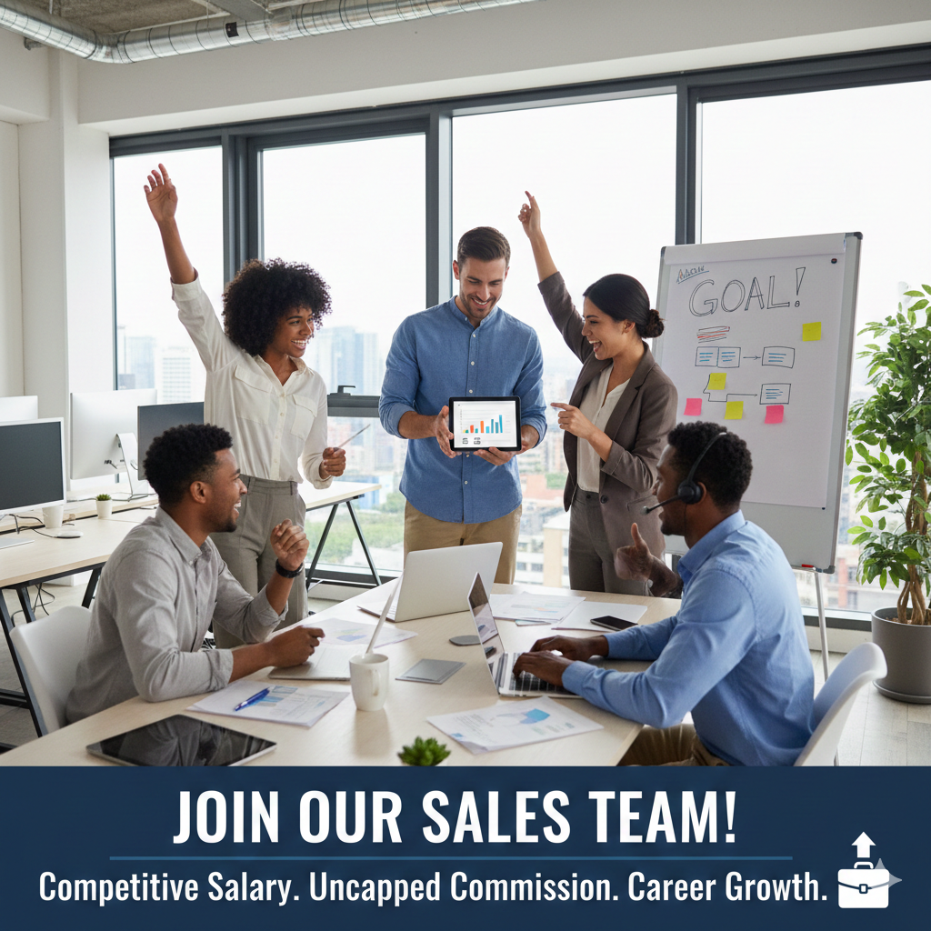 A diverse group of professionals in a modern office celebrating a sales achievement. One man is holding a tablet showing a graph, while a woman points to a whiteboard with 'GOAL!' written on it. Three others are seated at a table with laptops and documents, smiling and engaging. The caption reads 'Join Our Sales Team! Competitive Salary, Uncapped Commission, Career Growth.'